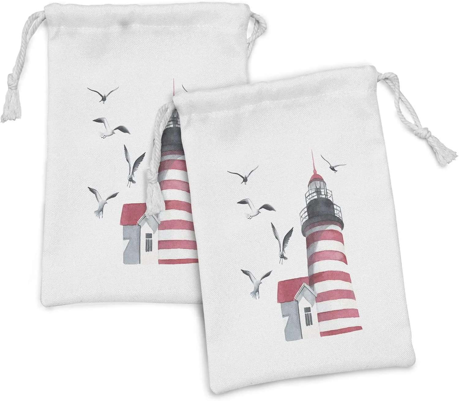 Ambesonne Lighthouse Fabric Pouch Set of 2, Lighthouse and Seagulls on the Beach Navigational Aid Seaside Waterways Art, Small Drawstring Bag for Toiletries Masks and Favors, 9" x 6", Red Grey White