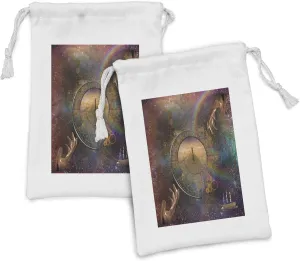 Ambesonne Magic Fabric Pouch Set of 2, Double Exposure Outer Space Mixed with Earth Symbolic Eternity Details Print, Small Drawstring Bag for Toiletries Masks and Favors, 9" x 6", Purple Tan