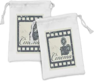 Ambesonne Movie Theater Fabric Pouch Set of 2, Grunge Poster Design with Strip Frame Cinema Lettering and Projection, Small Drawstring Bag for Toiletries Masks and Favors, 9" x 6", Slate Blue Beige