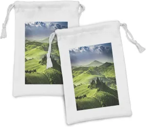 Ambesonne Nature Fabric Pouch Set of 2, Rising Sun in the Valley Dark Cloudy Sky Landscape Dramatic Pastoral Heaven Print, Small Drawstring Bag for Toiletries Masks and Favors, 9" x 6", Green Blue