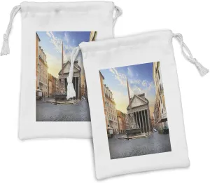 Ambesonne Obelisk Fabric Pouch Set of 2, Traveling Italy Landmarks Picture of Pantheon and Fountain in Rome at Early Morning, Small Drawstring Bag for Toiletries Masks and Favors, 9" x 6", Multicolor