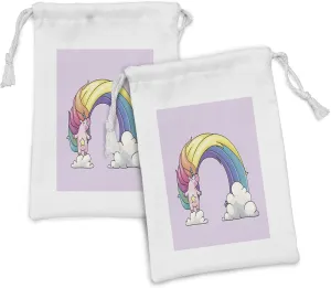 Ambesonne Rainbow Fabric Pouch Set of 2, Funny Unicorn over Clouds Colorful Mane Print, Small Drawstring Bag for Toiletries Masks and Favors, 9" x 6", Pale Yellow Peach