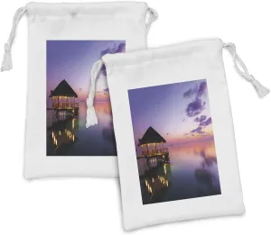 Ambesonne Tropical Fabric Pouch Set of 2, Arbor on Sea at Dramatic Night Paradise Maldives Sky Exquisite Coast View Art Print, Small Drawstring Bag for Toiletries Masks and Favors, 9" x 6", Purple