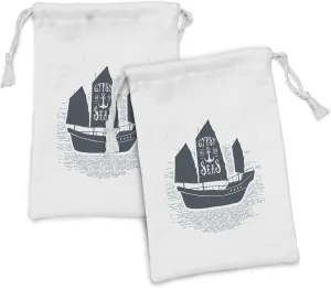 Ambesonne Vintage Boat Fabric Pouch Set of 2, Gypsy of the Sea Pirate Ship Headed to Treasure Island Vintage Style, Small Drawstring Bag for Toiletries Masks and Favors, 9" x 6", Dark Blue Grey White