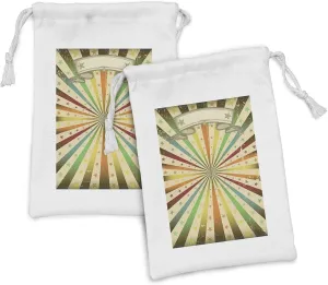 Ambesonne Vintage Rainbow Fabric Pouch Set of 2, Carnival Advertisement Themed Colorful Lines and Stars Grunge Background, Small Drawstring Bag for Toiletries Masks and Favors, 9" x 6", Multicolor