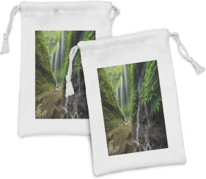 Ambesonne Waterfall Fabric Pouch Set of 2, Waterfalls Side Valley in Indonesia with Southeast Bushes Above Hills, Small Drawstring Bag for Toiletries Masks and Favors, 9" x 6", Green and Brown