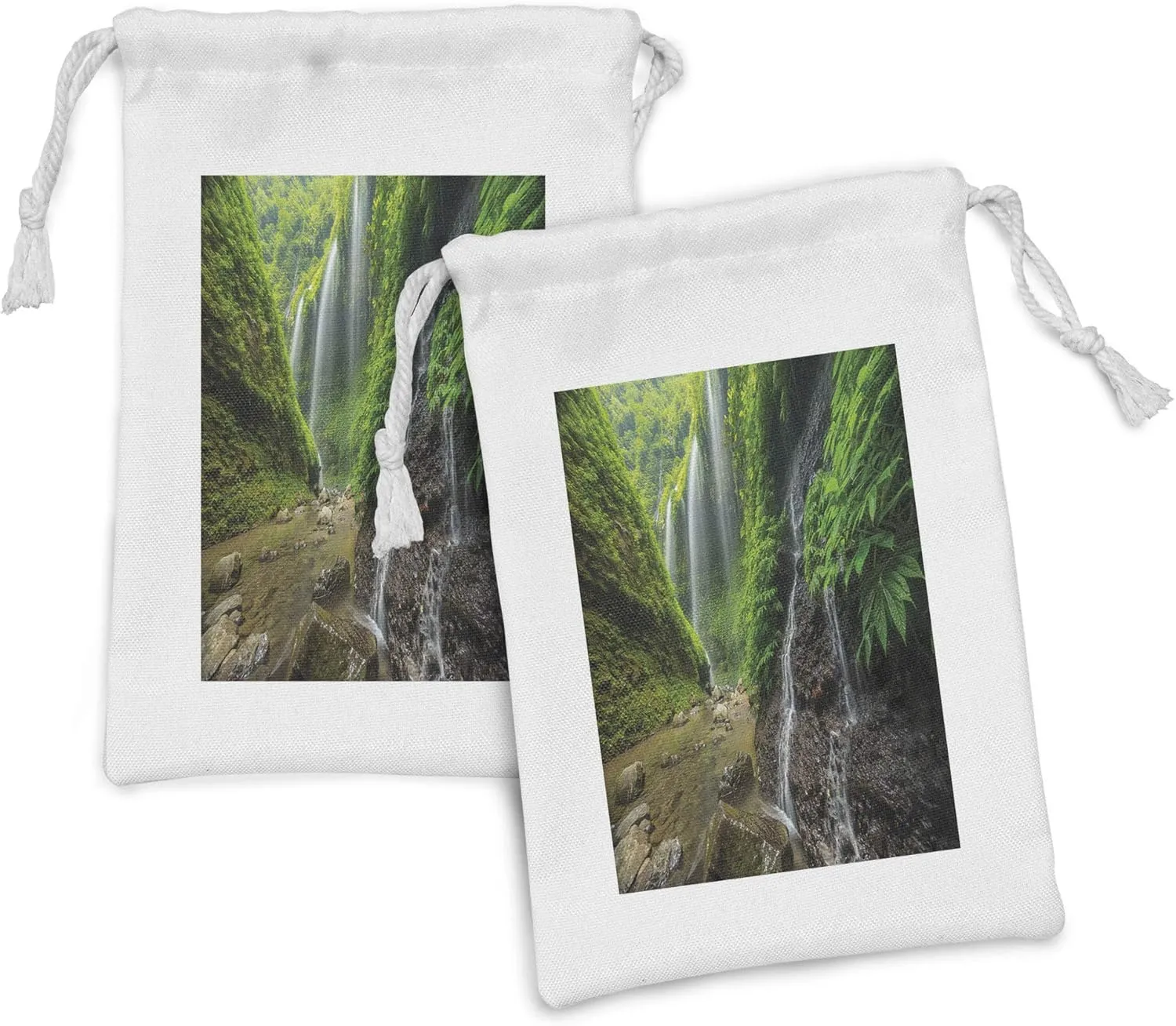 Ambesonne Waterfall Fabric Pouch Set of 2, Waterfalls Side Valley in Indonesia with Southeast Bushes Above Hills, Small Drawstring Bag for Toiletries Masks and Favors, 9" x 6", Green and Brown