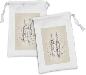 Ambesonne Western Horse Fabric Pouch Set of 2, Hand Drawn Cowboys on Horseback Riding in a Desert Trail Sketch, Small Drawstring Bag for Toiletries Masks and Favors, 9" x 6", Eggshell and Warm Taupe