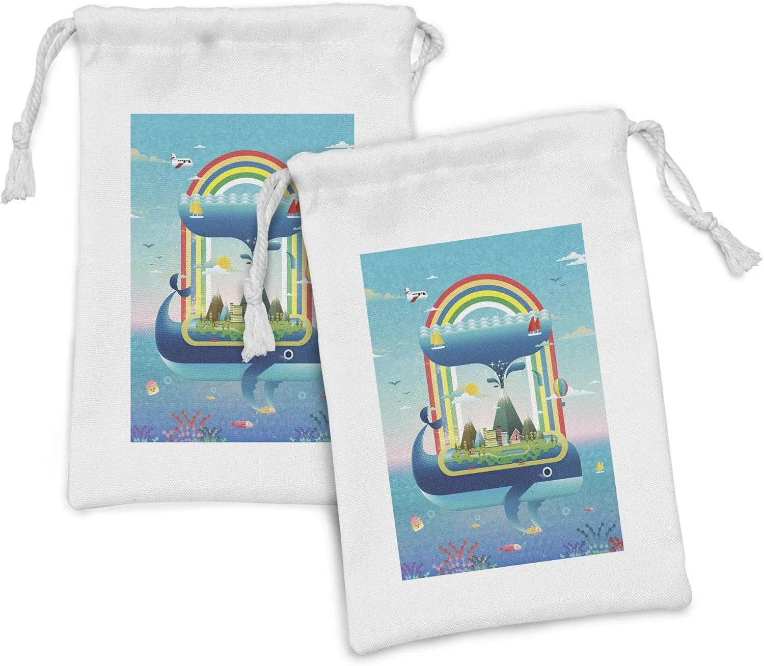 Ambesonne Whale Fabric Pouch Set of 2, Ecology Environmental Design Global Concept with a Rainbow Ocean and a Big Whale, Small Drawstring Bag for Toiletries Masks and Favors, 9" x 6", Multicolor