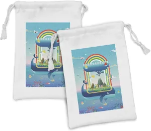 Ambesonne Whale Fabric Pouch Set of 2, Ecology Environmental Design Global Concept with a Rainbow Ocean and a Big Whale, Small Drawstring Bag for Toiletries Masks and Favors, 9" x 6", Multicolor