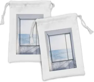 Ambesonne White Fabric Pouch Set of 2, Empty Urban Modern Loft Apartment Home with Ocean Sea Sunny Sky View, Small Drawstring Bag for Toiletries Masks and Favors, 9" x 6", Sky Blue White and Black