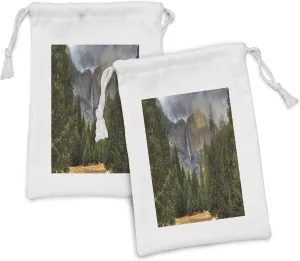 Ambesonne Yosemite Fabric Pouch Set of 2, Yosemite Falls Evergreen Forest Fall Season Scenery Yosemite National Park Print, Small Drawstring Bag for Toiletries Masks and Favors, 9" x 6", Green Grey