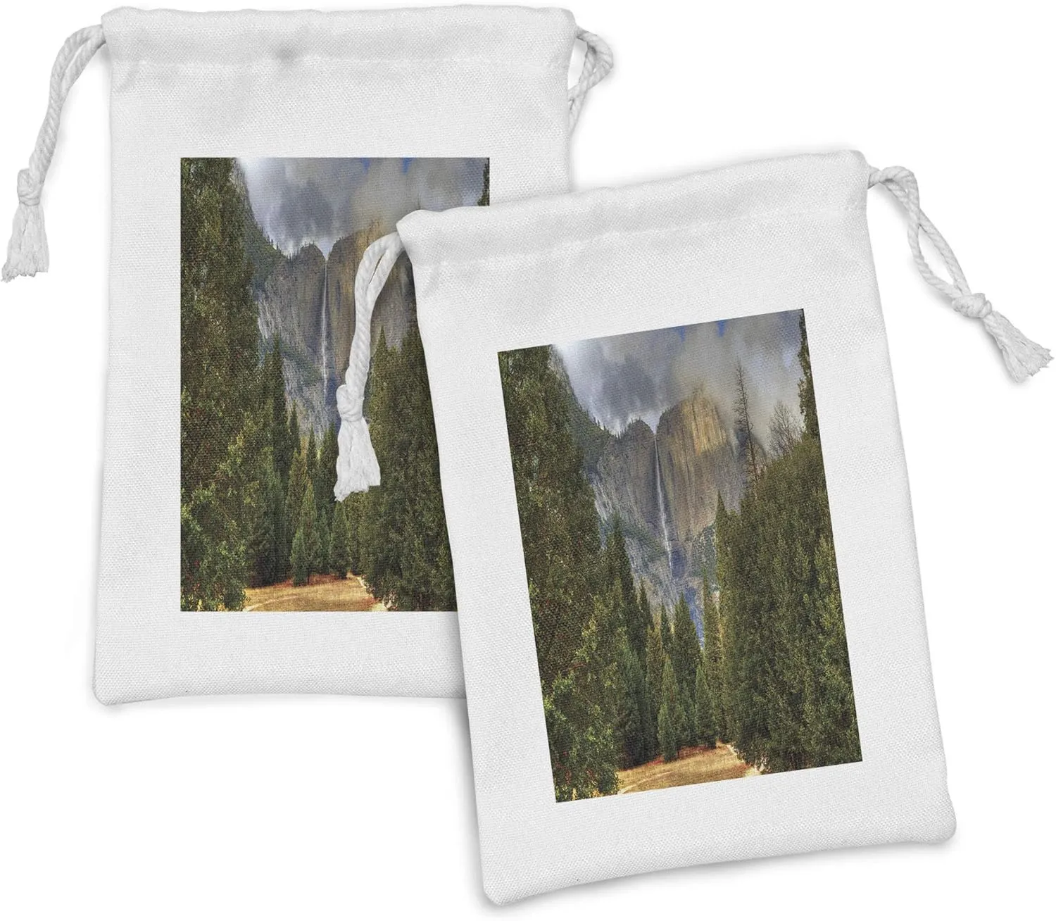 Ambesonne Yosemite Fabric Pouch Set of 2, Yosemite Falls Evergreen Forest Fall Season Scenery Yosemite National Park Print, Small Drawstring Bag for Toiletries Masks and Favors, 9" x 6", Green Grey