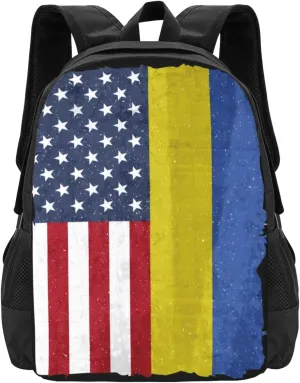 American and Ukraine Flag Ukrainian Roots Casual Backpacks Large Capacity Backpack Laptop Rucksack Sport Daypack Commuter Bags with Adjustable Strap for Traveling Camping