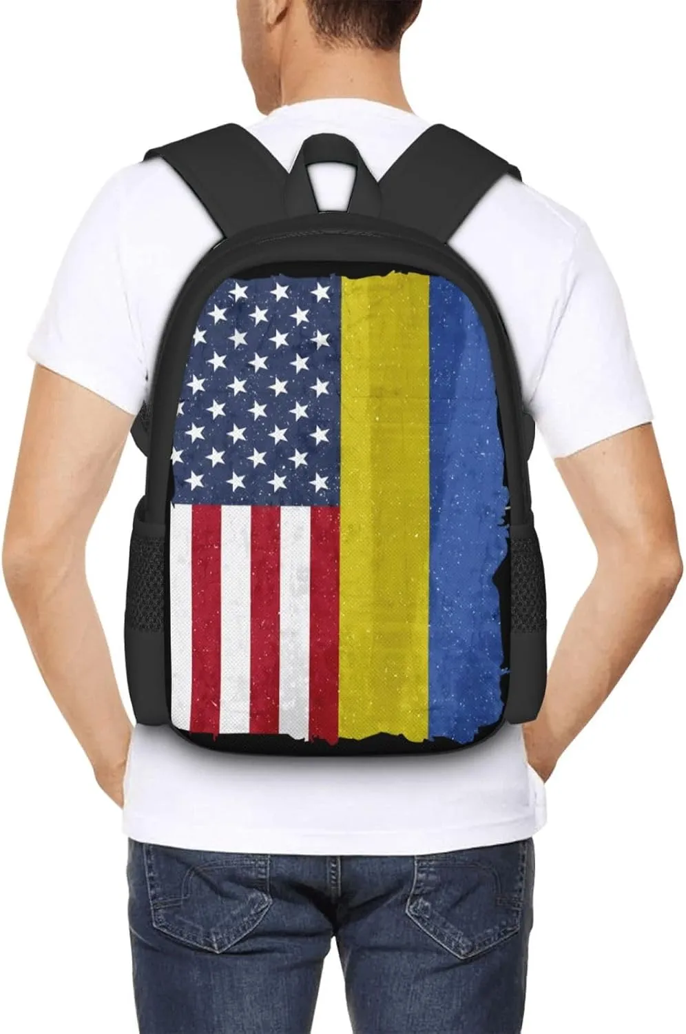 American and Ukraine Flag Ukrainian Roots Casual Backpacks Large Capacity Backpack Laptop Rucksack Sport Daypack Commuter Bags with Adjustable Strap for Traveling Camping