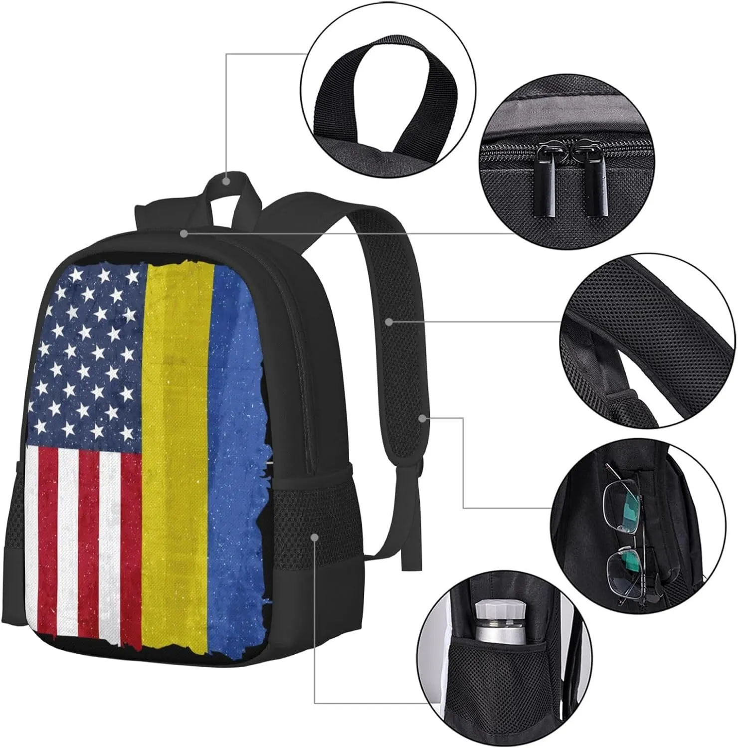 American and Ukraine Flag Ukrainian Roots Casual Backpacks Large Capacity Backpack Laptop Rucksack Sport Daypack Commuter Bags with Adjustable Strap for Traveling Camping