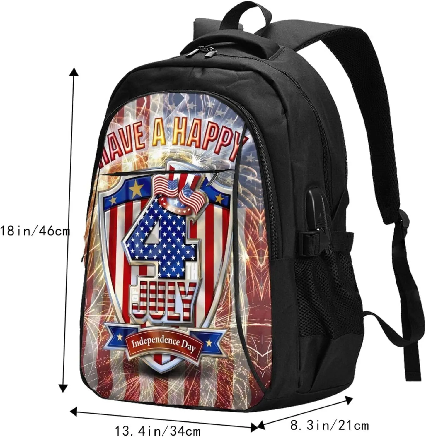 American Flag Fireworks Travel Backpack Laptop Backpacks Business Rucksack Outdoor Daypack Large Sport Bag with Luggage Strap USB Charging Port for Hiking Working