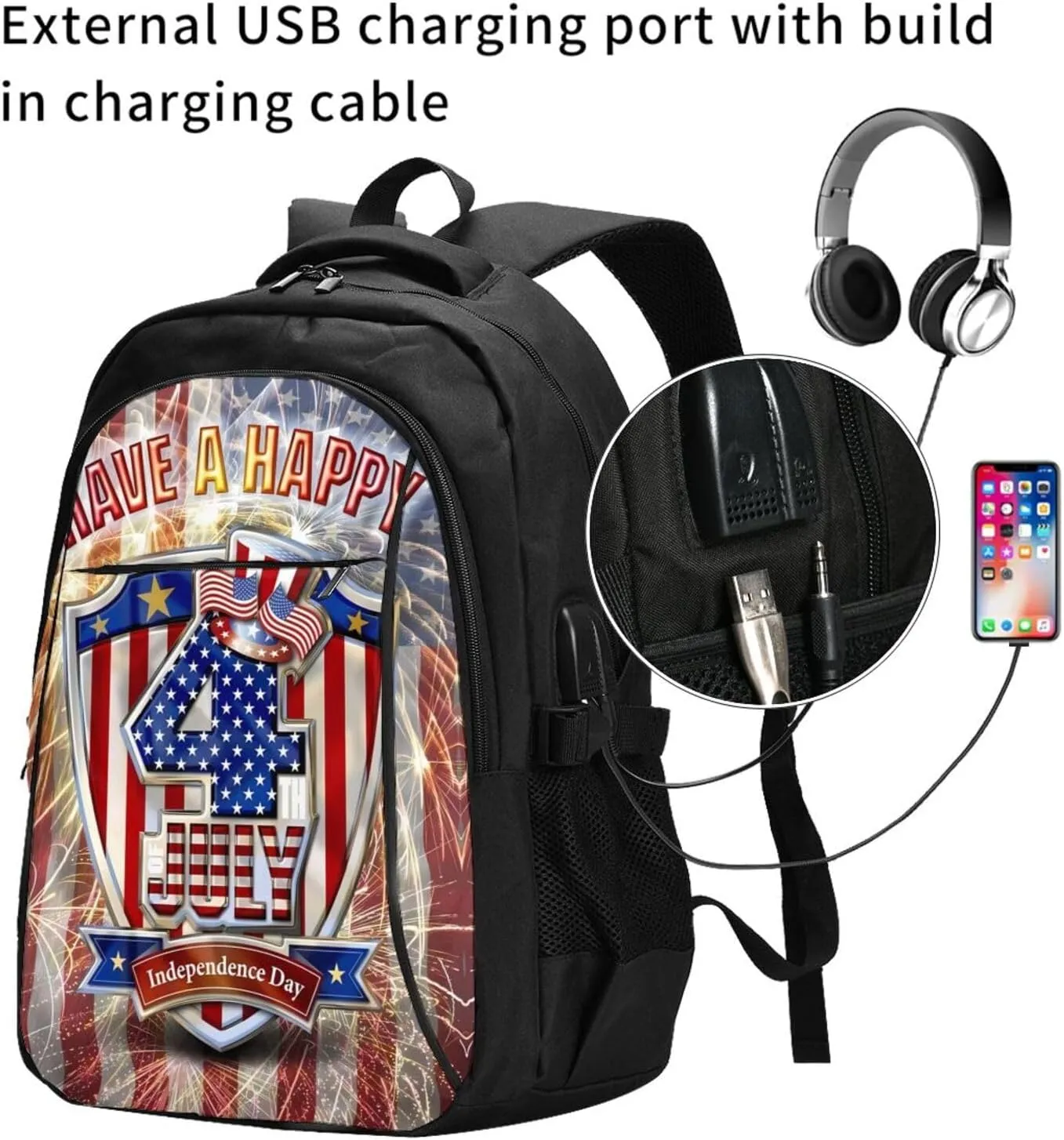 American Flag Fireworks Travel Backpack Laptop Backpacks Business Rucksack Outdoor Daypack Large Sport Bag with Luggage Strap USB Charging Port for Hiking Working