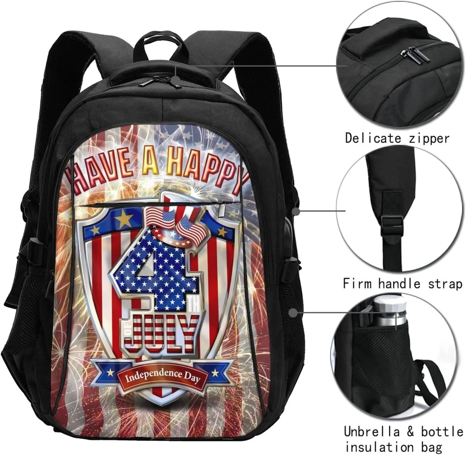 American Flag Fireworks Travel Backpack Laptop Backpacks Business Rucksack Outdoor Daypack Large Sport Bag with Luggage Strap USB Charging Port for Hiking Working