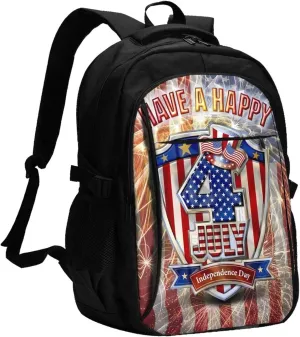 American Flag Fireworks Travel Backpack Laptop Backpacks Business Rucksack Outdoor Daypack Large Sport Bag with Luggage Strap USB Charging Port for Hiking Working