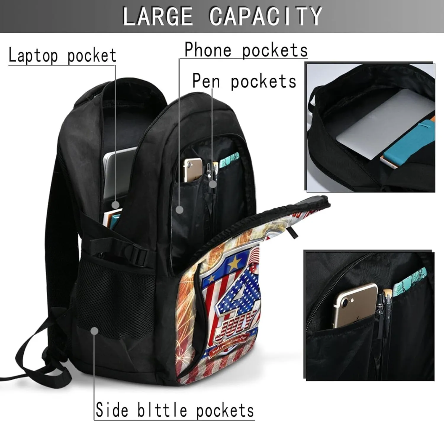 American Flag Fireworks Travel Backpack Laptop Backpacks Business Rucksack Outdoor Daypack Large Sport Bag with Luggage Strap USB Charging Port for Hiking Working