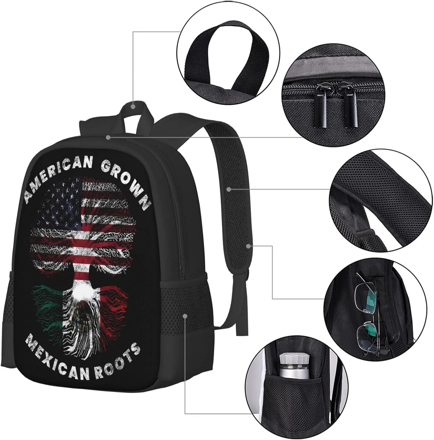 American Grown Mexican Roots Casual Backpacks Large Capacity Backpack Laptop Rucksack Sport Daypack Commuter Bags with Adjustable Strap for Traveling Camping