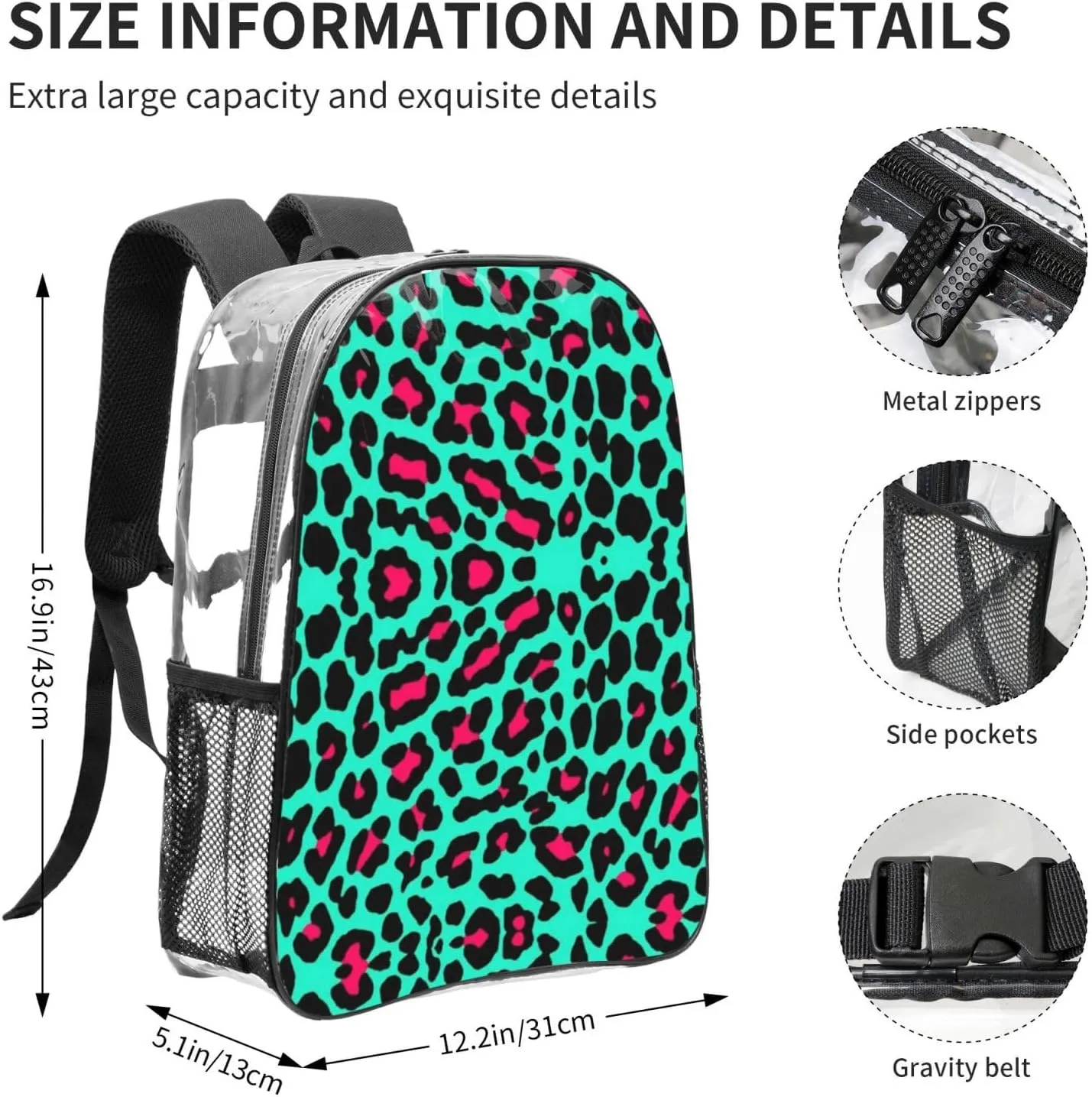 AMRANDOM Cheetah Mint Green Leopard Clear Backpack for Stadium Events Clear Backpack for Concert Sport Events Work Travel