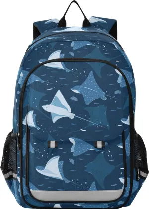 Backpack Blue Ocean Stingray Fish School Shoulder Bag Lightweight Laptop Backpack Student Casual Travel Daypack