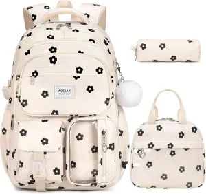 Backpack for Girls - Girls Backpack with Lunch Bag & Pencil Pouch for Teen Girls Kids Laptop Backpack for Women, Elementary Middle High School Bookbag Travel Daypack (Beige Floral)
