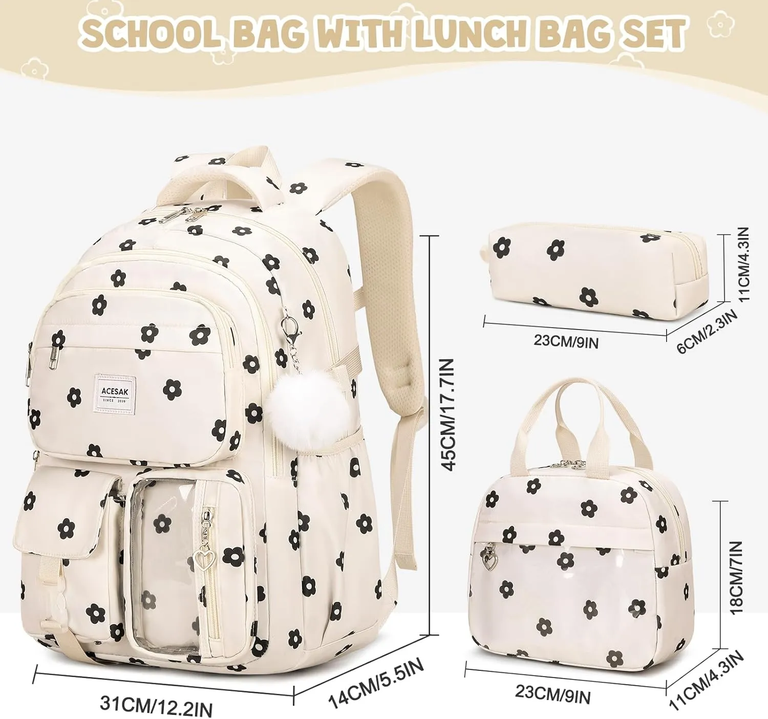 Backpack for Girls - Girls Backpack with Lunch Bag & Pencil Pouch for Teen Girls Kids Laptop Backpack for Women, Elementary Middle High School Bookbag Travel Daypack (Beige Floral)