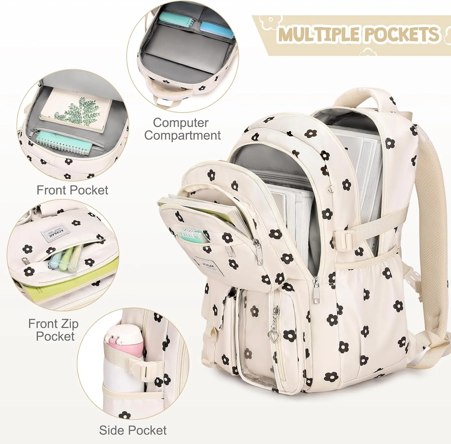 Backpack for Girls - Girls Backpack with Lunch Bag & Pencil Pouch for Teen Girls Kids Laptop Backpack for Women, Elementary Middle High School Bookbag Travel Daypack (Beige Floral)