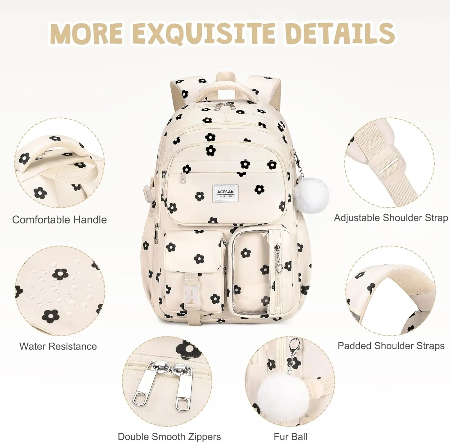 Backpack for Girls - Girls Backpack with Lunch Bag & Pencil Pouch for Teen Girls Kids Laptop Backpack for Women, Elementary Middle High School Bookbag Travel Daypack (Beige Floral)
