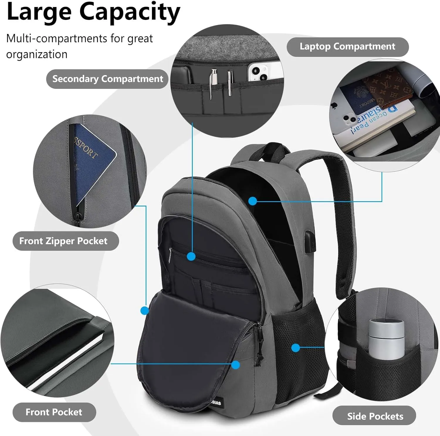 Backpack for Men and Women, School Backpacks for Teens Boys Girls Lightweight Casual High School Students Bookbag 15.6 Inch College Laptop Bag with USB Charging Port, Dark Gray