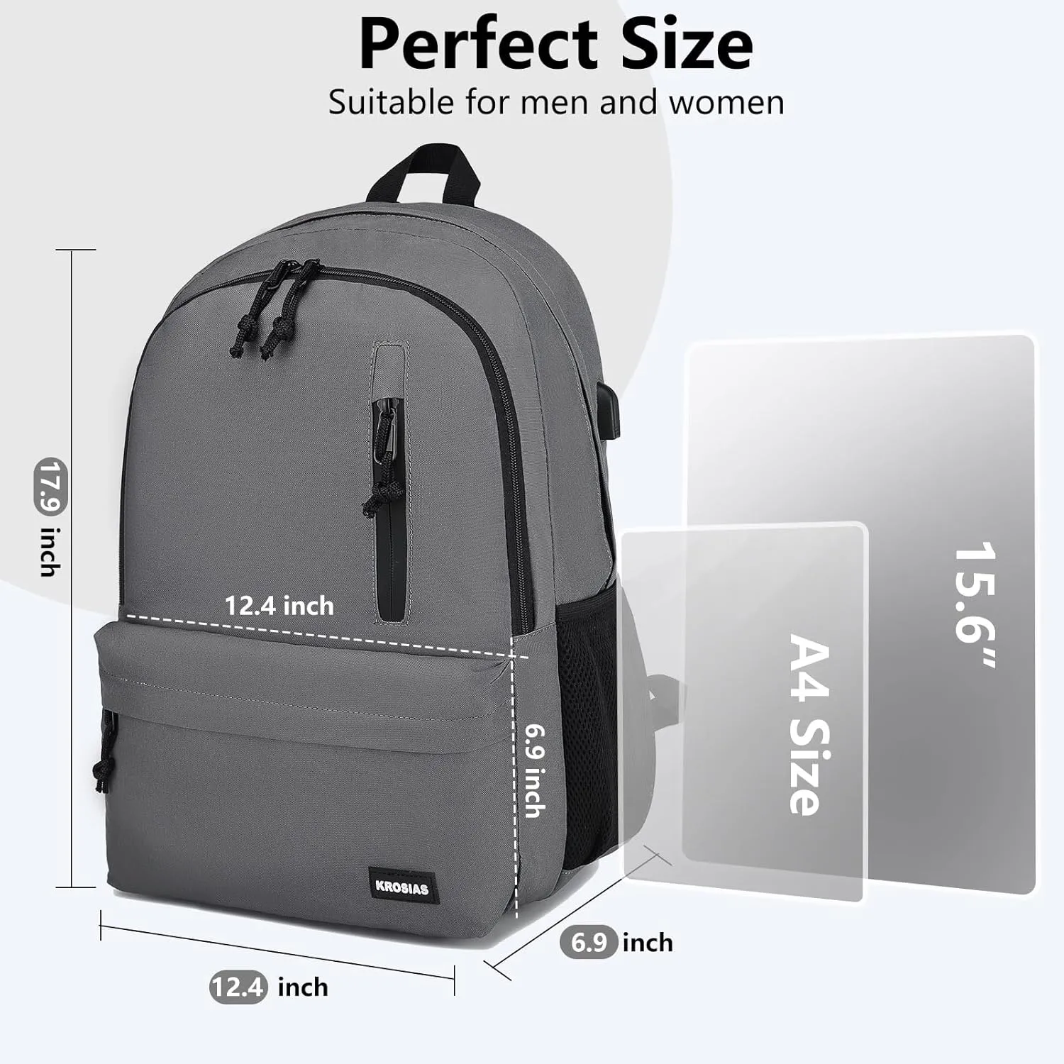 Backpack for Men and Women, School Backpacks for Teens Boys Girls Lightweight Casual High School Students Bookbag 15.6 Inch College Laptop Bag with USB Charging Port, Dark Gray