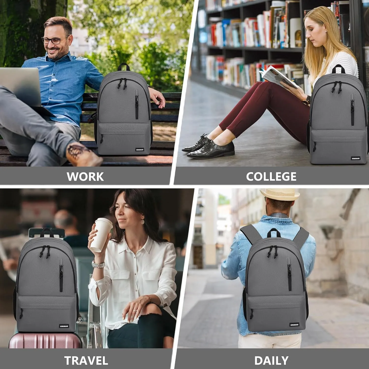Backpack for Men and Women, School Backpacks for Teens Boys Girls Lightweight Casual High School Students Bookbag 15.6 Inch College Laptop Bag with USB Charging Port, Dark Gray