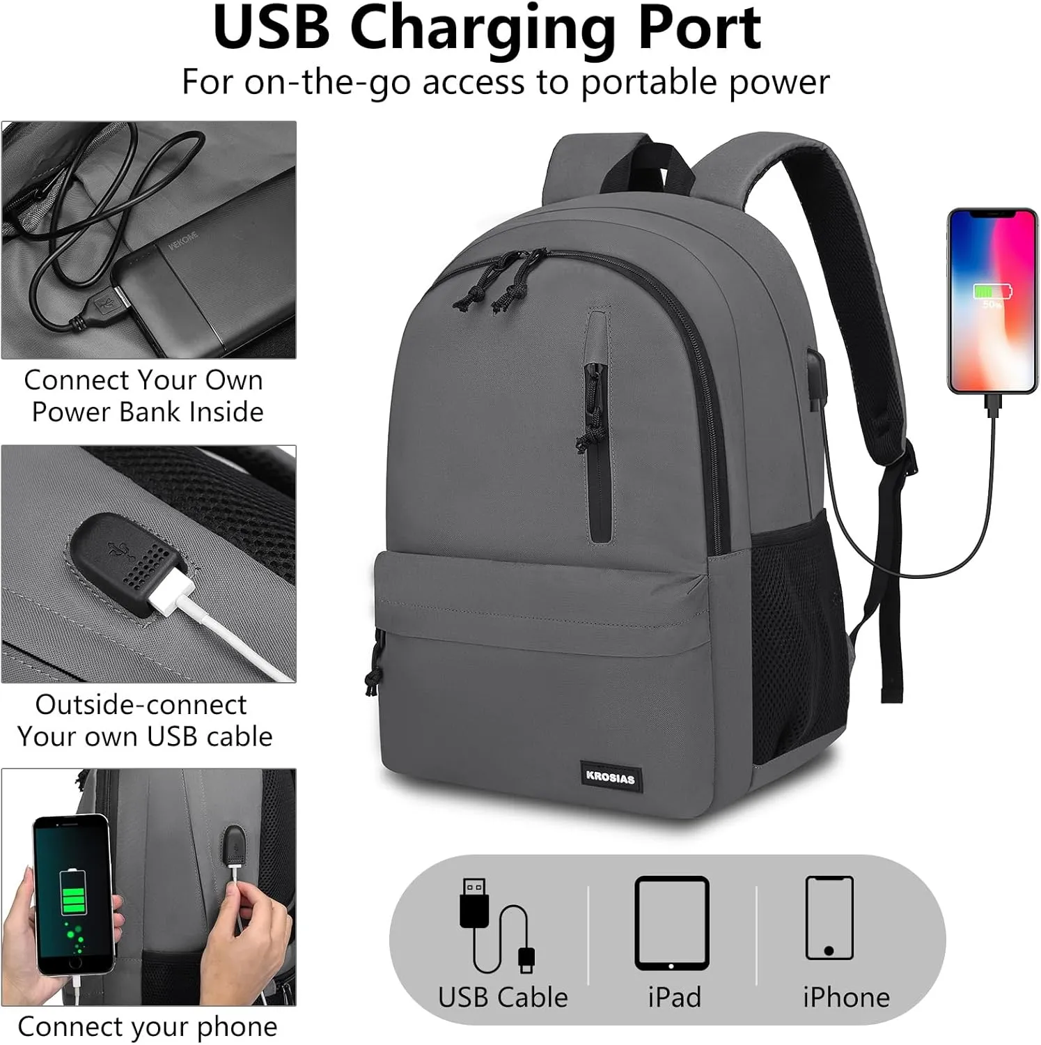 Backpack for Men and Women, School Backpacks for Teens Boys Girls Lightweight Casual High School Students Bookbag 15.6 Inch College Laptop Bag with USB Charging Port, Dark Gray