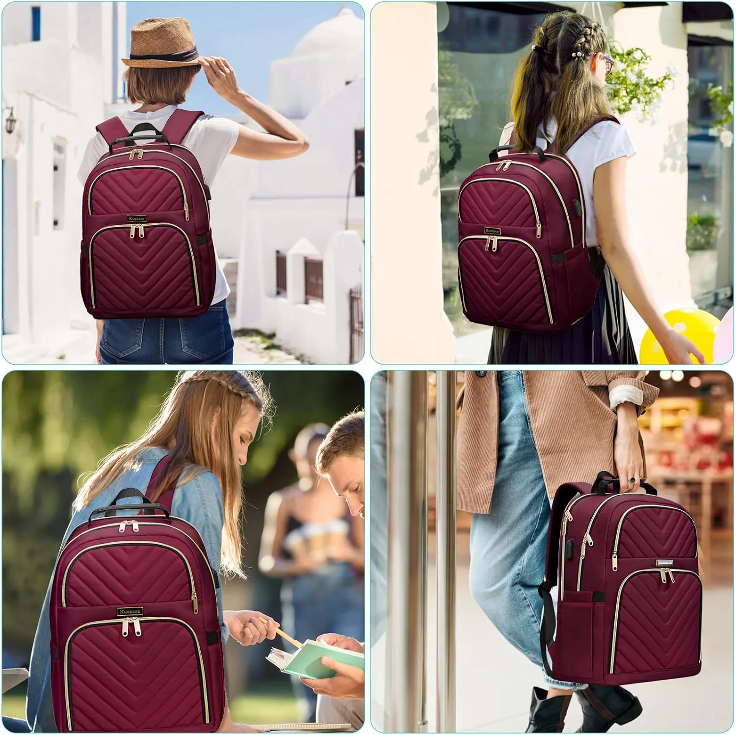 Backpack for Women Men, School Backpacks for Girls Boys, Fashion College Bookbag with USB Charger, Large Travel Backpack Casual Daypacks, Wine Red