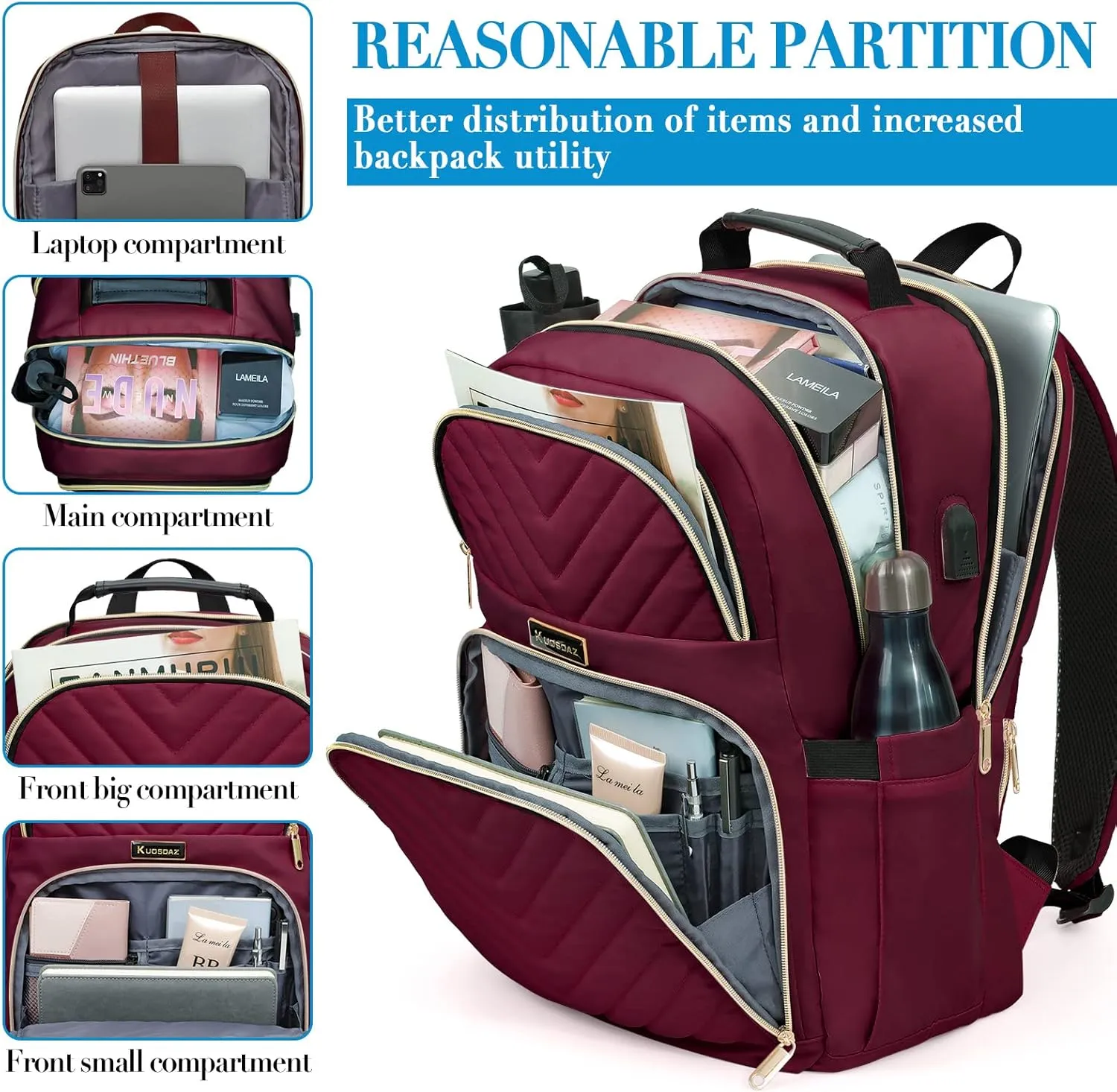 Backpack for Women Men, School Backpacks for Girls Boys, Fashion College Bookbag with USB Charger, Large Travel Backpack Casual Daypacks, Wine Red