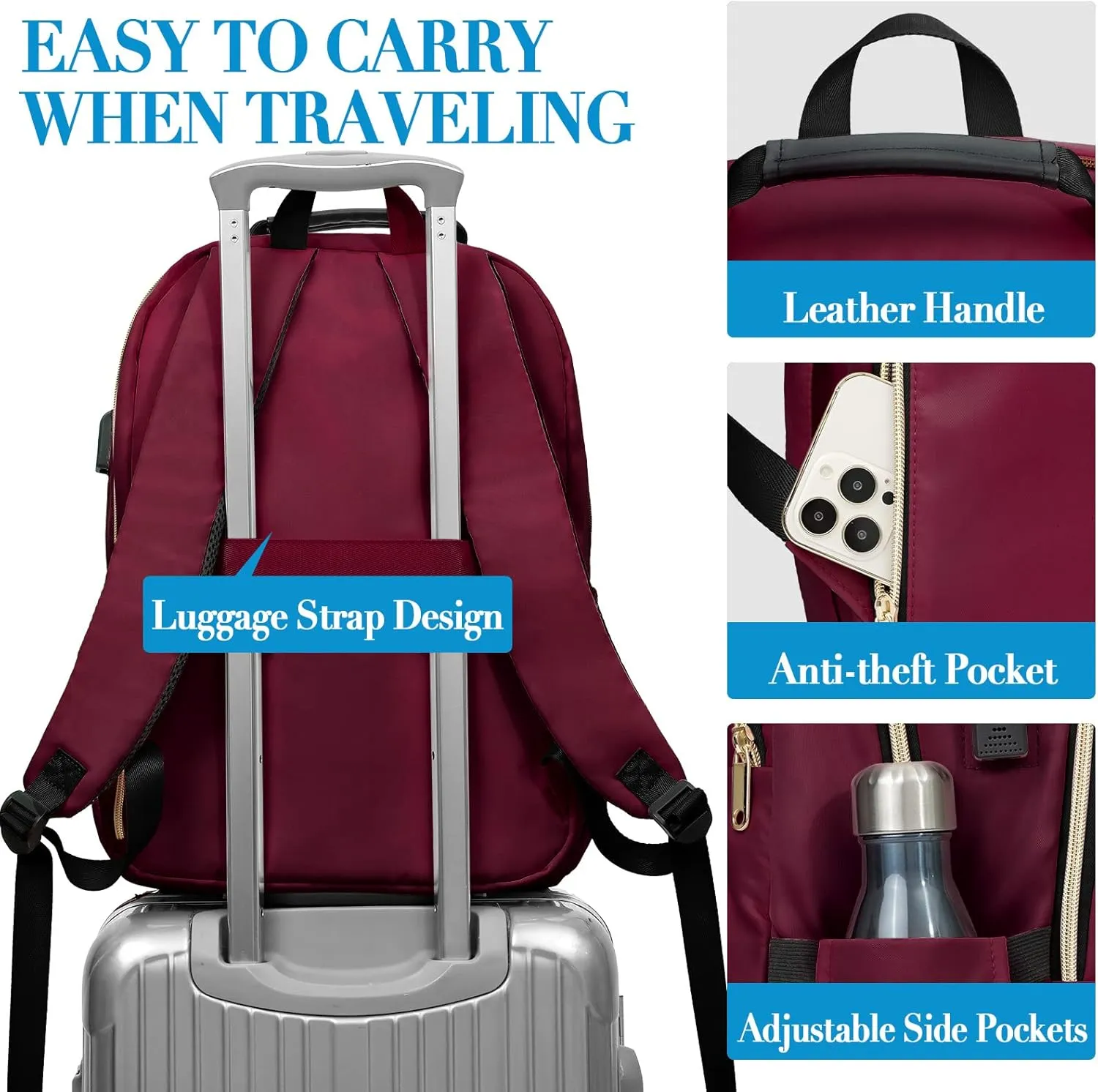 Backpack for Women Men, School Backpacks for Girls Boys, Fashion College Bookbag with USB Charger, Large Travel Backpack Casual Daypacks, Wine Red