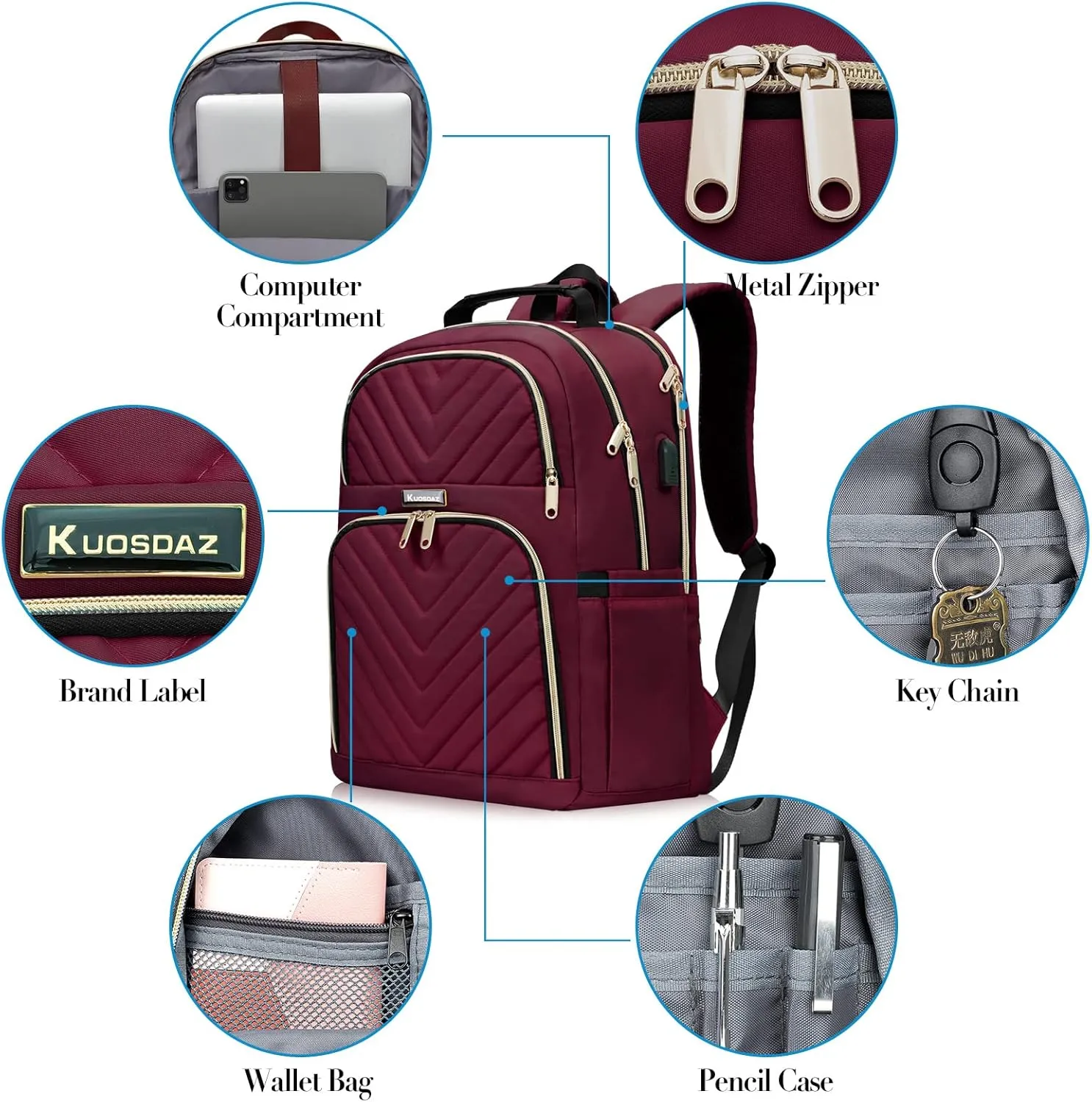 Backpack for Women Men, School Backpacks for Girls Boys, Fashion College Bookbag with USB Charger, Large Travel Backpack Casual Daypacks, Wine Red
