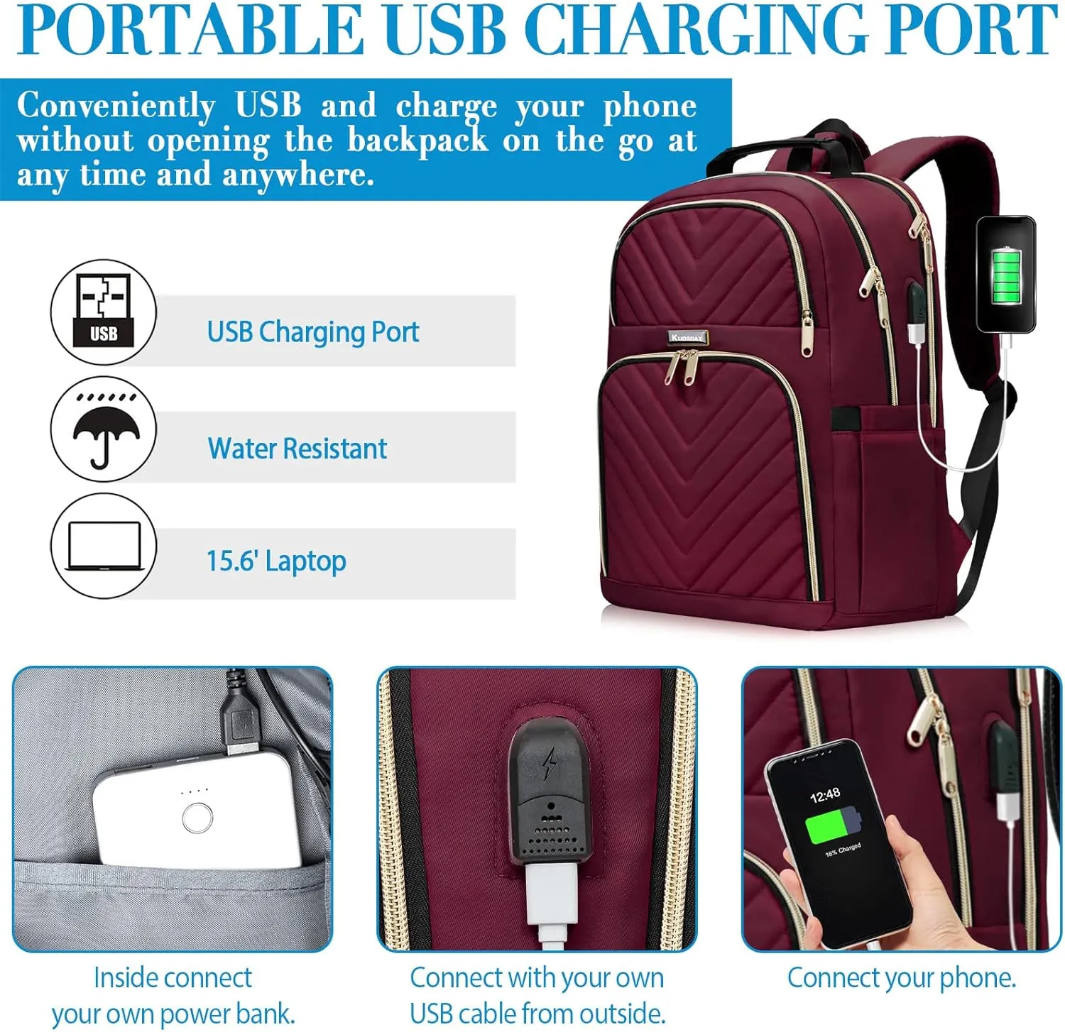 Backpack for Women Men, School Backpacks for Girls Boys, Fashion College Bookbag with USB Charger, Large Travel Backpack Casual Daypacks, Wine Red