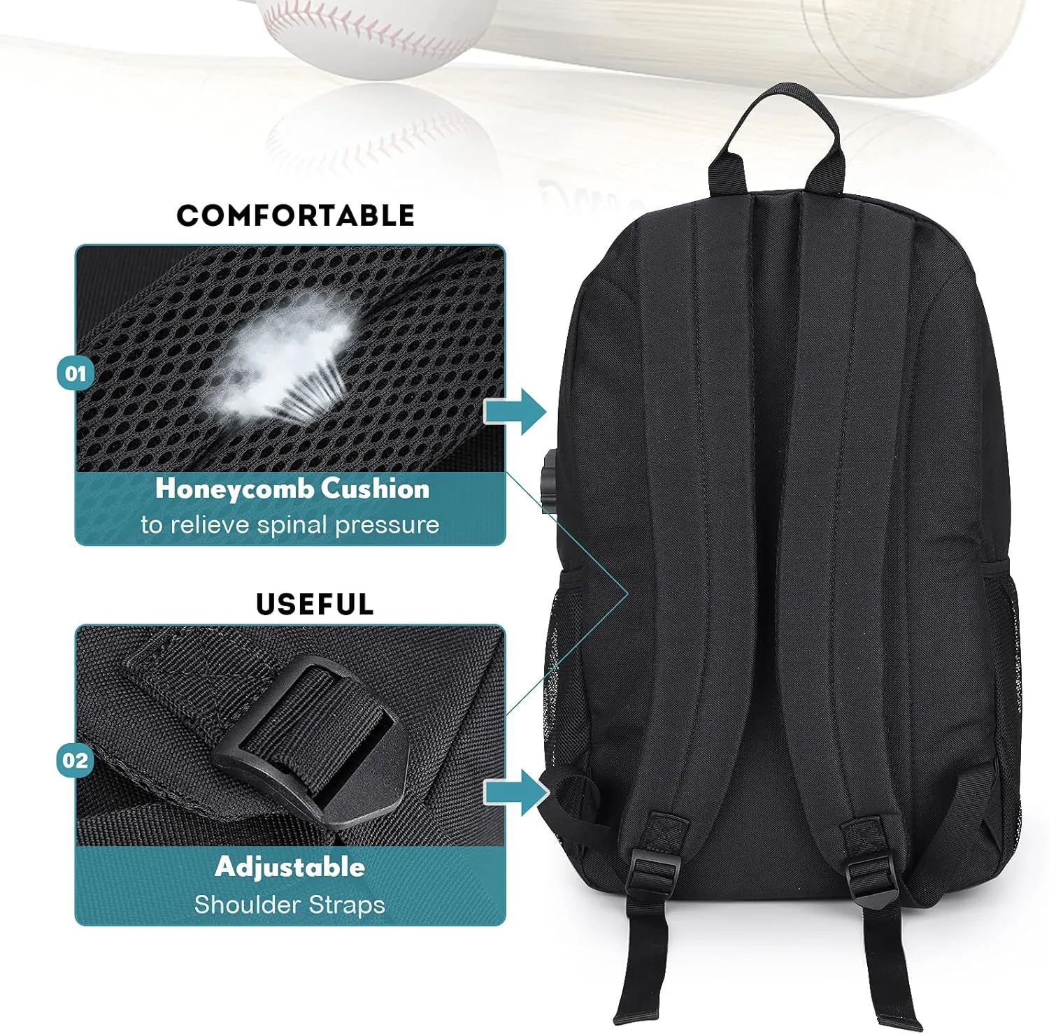 Backpacks for Boys, Baseball Anime Luminous Backpack with USB Charging Port, Anti Theft Lock and Pencil Case, College School Bookbag Lightweight Laptop Bag, Black