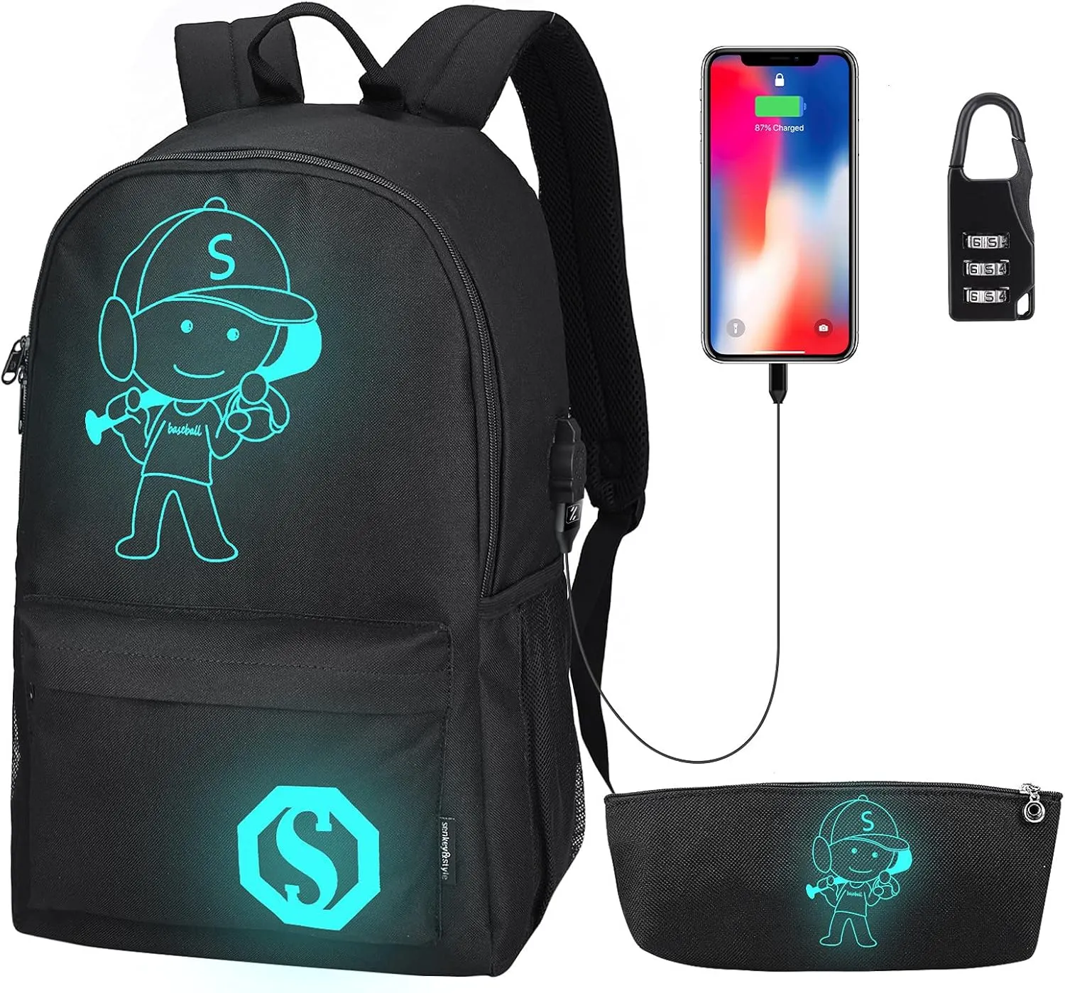 Backpacks for Boys, Baseball Anime Luminous Backpack with USB Charging Port, Anti Theft Lock and Pencil Case, College School Bookbag Lightweight Laptop Bag, Black
