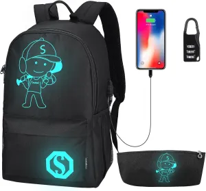 Backpacks for Boys, Baseball Anime Luminous Backpack with USB Charging Port, Anti Theft Lock and Pencil Case, College School Bookbag Lightweight Laptop Bag, Black