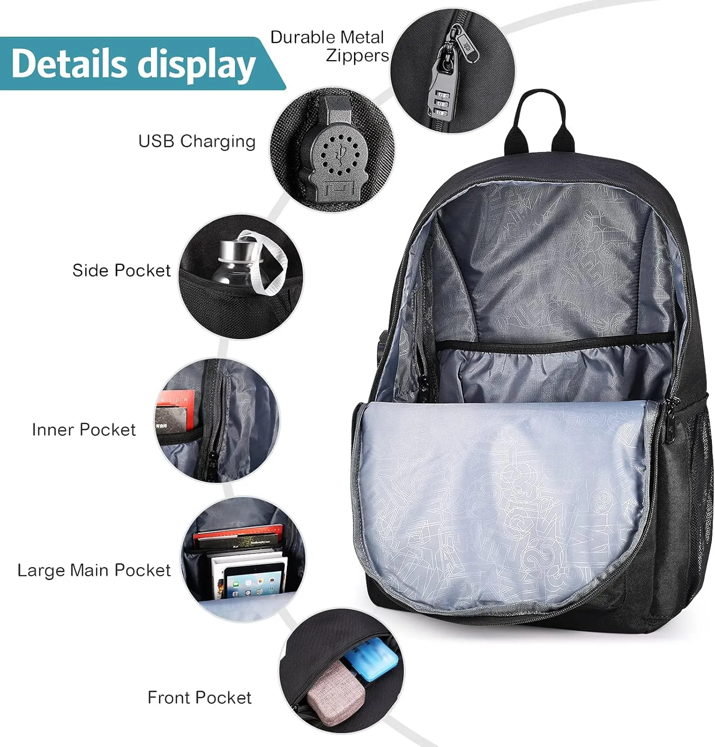 Backpacks for Boys, Baseball Anime Luminous Backpack with USB Charging Port, Anti Theft Lock and Pencil Case, College School Bookbag Lightweight Laptop Bag, Black