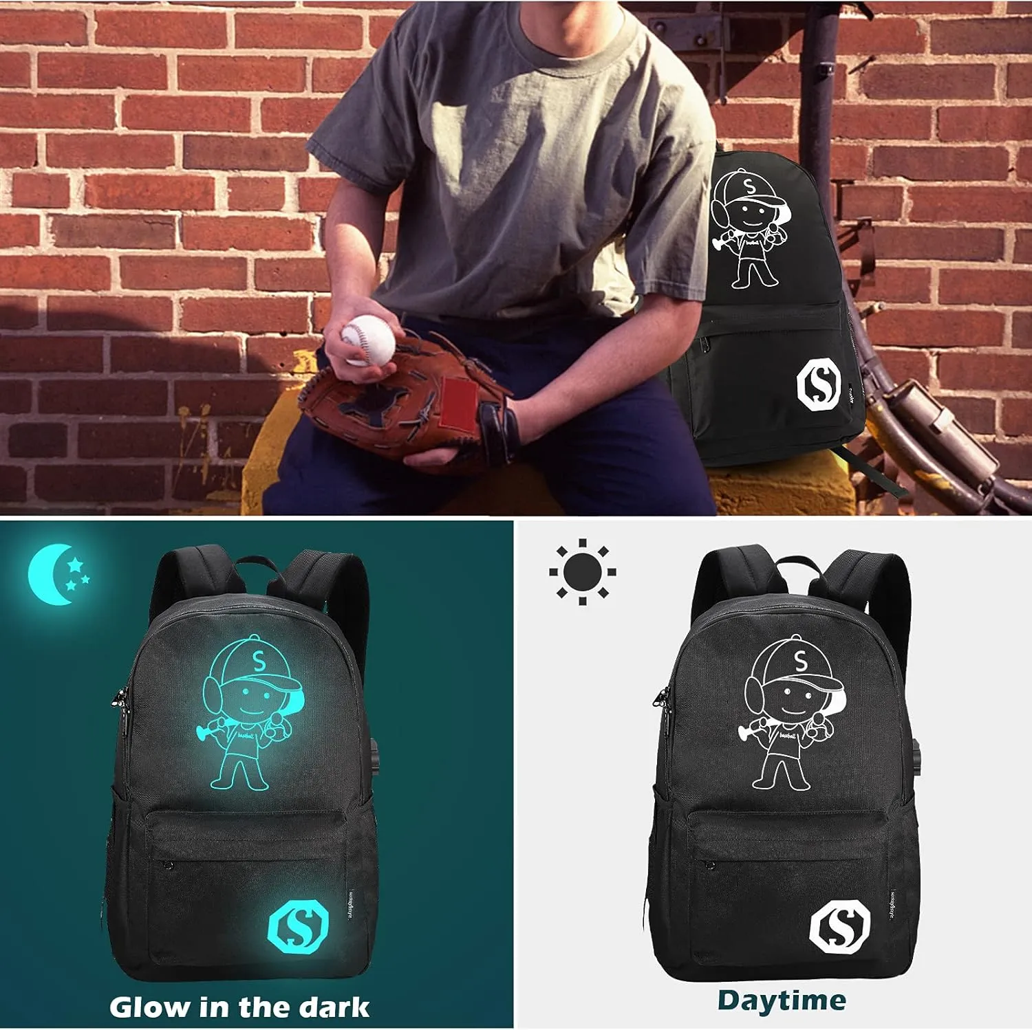 Backpacks for Boys, Baseball Anime Luminous Backpack with USB Charging Port, Anti Theft Lock and Pencil Case, College School Bookbag Lightweight Laptop Bag, Black