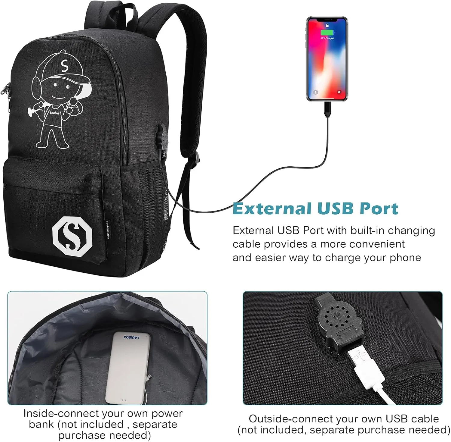 Backpacks for Boys, Baseball Anime Luminous Backpack with USB Charging Port, Anti Theft Lock and Pencil Case, College School Bookbag Lightweight Laptop Bag, Black