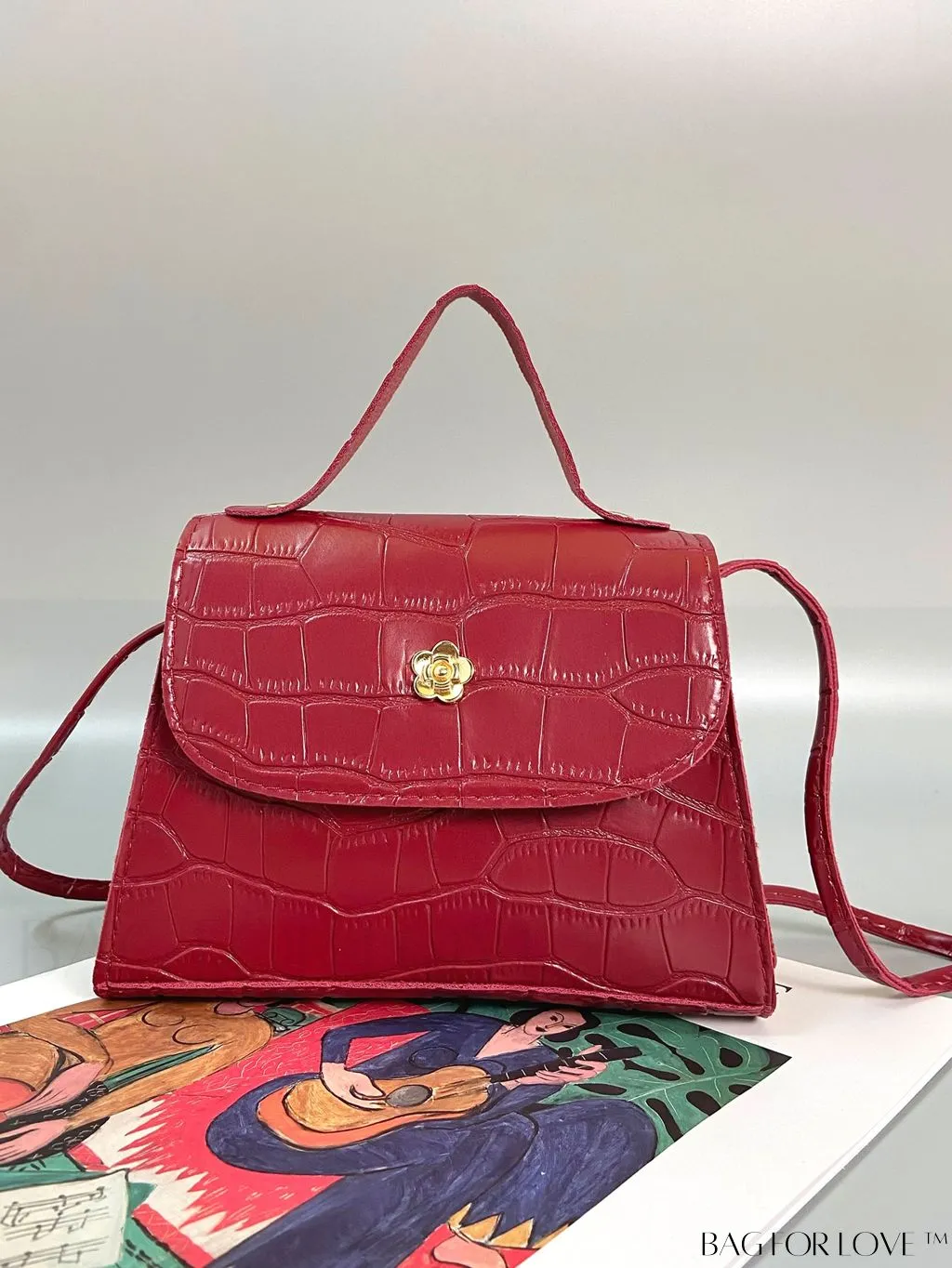 BagForLove - Chic Crocodile Print Metal Floral Embellished Mini Handbag