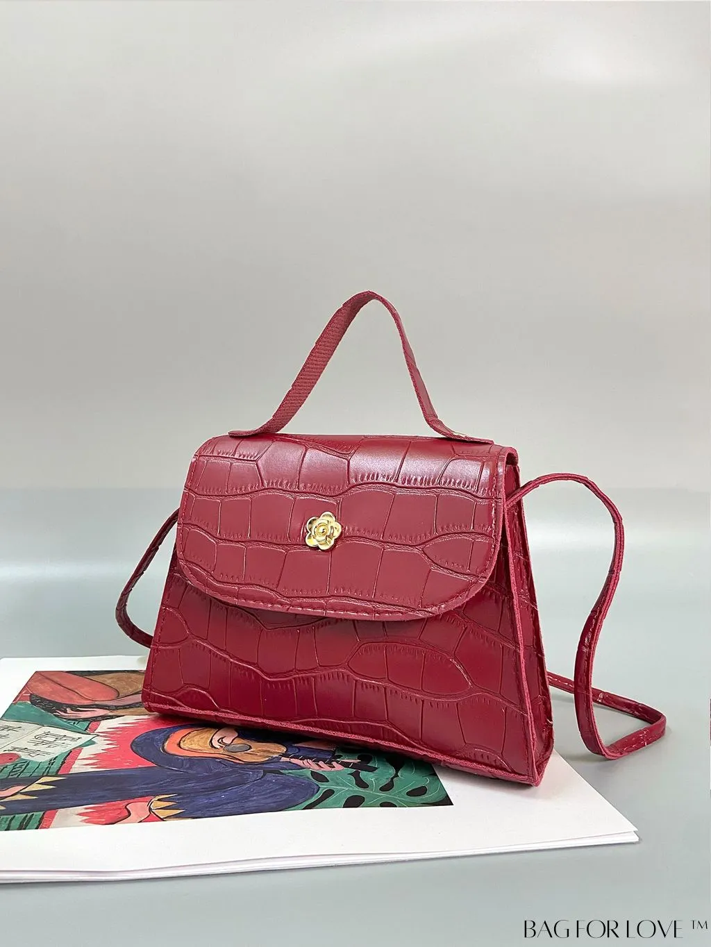 BagForLove - Chic Crocodile Print Metal Floral Embellished Mini Handbag