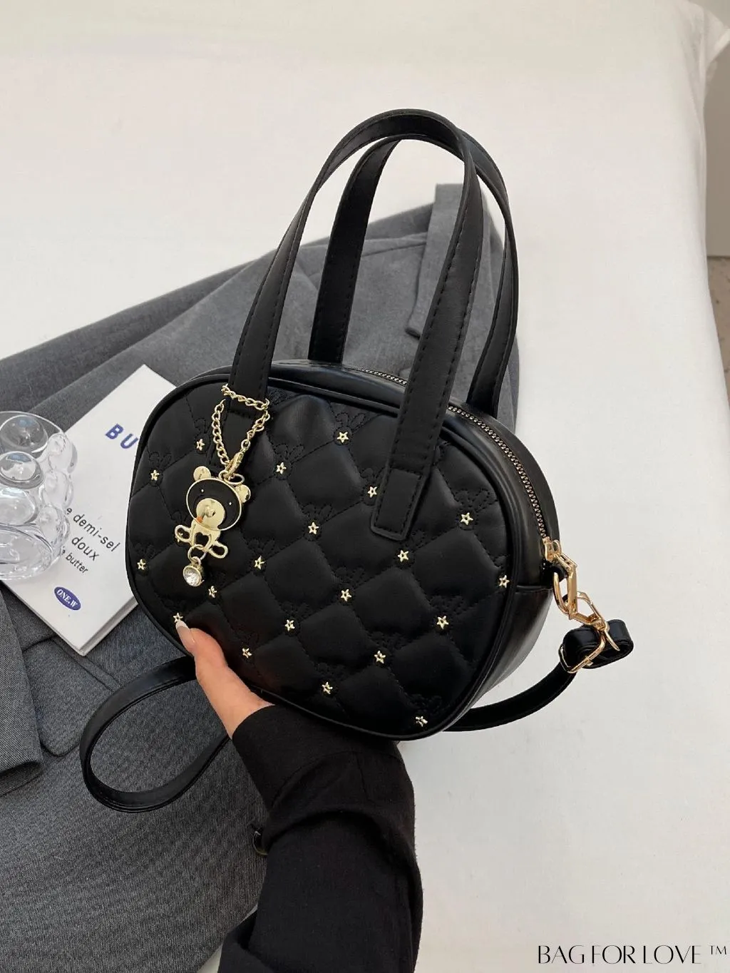 BagForLove - Chic Rhinestone-Embellished Black PU Tote Bag with Stitching Details